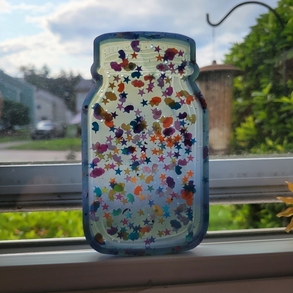NEW Handmade Resin Mason Jar Tray With Unicorn, Star Goodies Blue Colors - Picture 1 of 6
